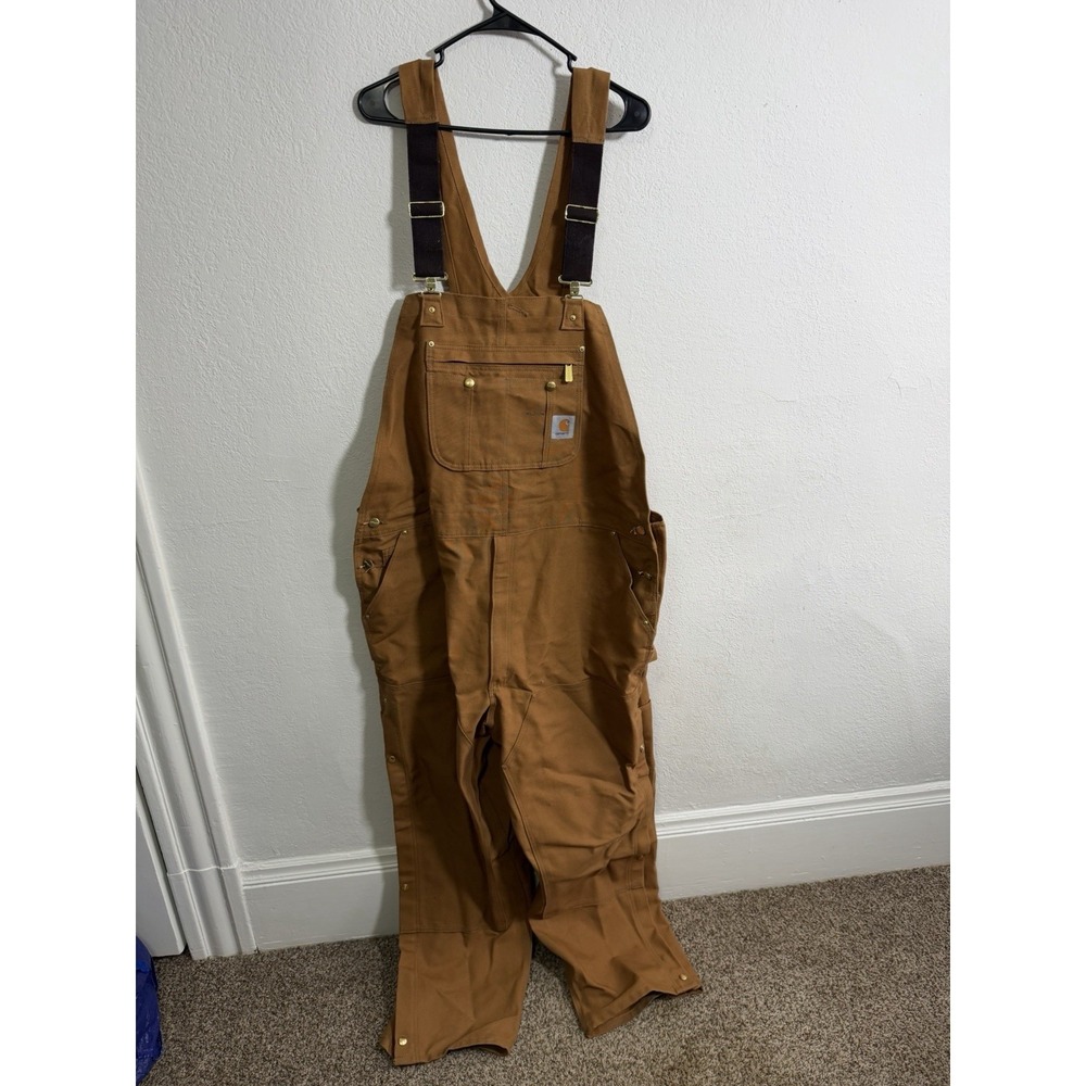 Carhartt Overalls Men 46x32 Beige Double Knee Duck Canvas Insulated Straight Leg